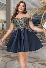 Load image into Gallery viewer, Arianna A-line Off the Shoulder Short/Mini Satin Homecoming Dress XXBP0020562