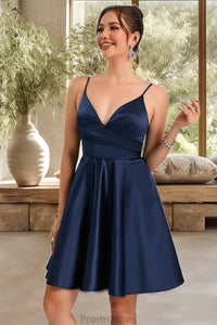 Breanna A-line V-Neck Short/Mini Satin Homecoming Dress XXBP0020466