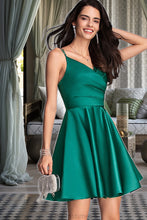 Load image into Gallery viewer, Maya A-line V-Neck Short/Mini Satin Homecoming Dress With Ruffle XXBP0020539