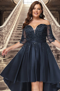 Hazel A-line Off the Shoulder Asymmetrical Lace Satin Homecoming Dress With Sequins XXBP0020580