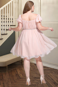 Karen A-line Square Short/Mini Chiffon Satin Homecoming Dress With Beading Bow Ruffle XXBP0020597