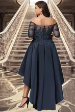 Load image into Gallery viewer, Hazel A-line Off the Shoulder Asymmetrical Lace Satin Homecoming Dress With Sequins XXBP0020580