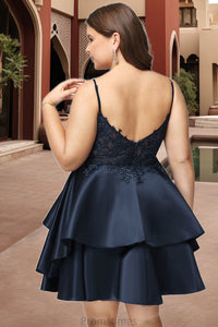 Celeste A-line V-Neck Short/Mini Lace Satin Homecoming Dress XXBP0020504