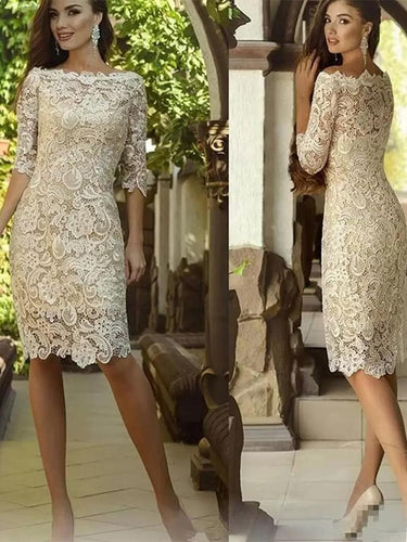 Ivy Sheath/Column Lace Applique Off-the-Shoulder 3/4 Sleeves Knee-Length Mother of the Bride Dresses XXBP0020398