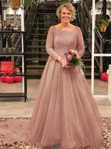 Maddison A-Line/Princess Tulle Applique Scoop Long Sleeves Court Train Mother of the Bride Dresses XXBP0020413