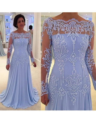 Reyna A-Line/Princess Chiffon Applique Scoop Long Sleeves Sweep/Brush Train Mother of the Bride Dresses XXBP0020420