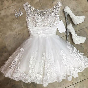 Princess/A-Line Crew Neck Short White Dresses Arianna Lace Homecoming Dresses With Beading Prom