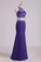 2022 Prom Dresses Halter Two-Piece Beaded Bodice Mermaid Open Back Spandex & Tulle Floor Length