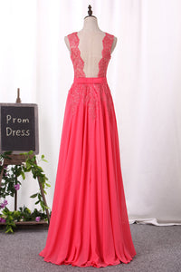 2024 Prom Dresses A Line Scoop Chiffon With Applique Floor Length