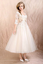 Load image into Gallery viewer, 2022 Prom Dresses Scoop A Line With Applique And Ribbon Tea Length