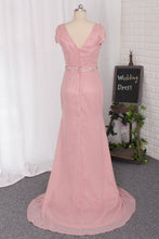 Load image into Gallery viewer, 2022 Mermaid V Neck Short Sleeves Prom Dresses Chiffon With Beading
