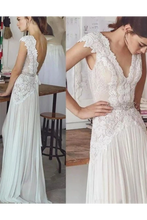 Load image into Gallery viewer, Unique V Neck Cap Sleeves Chiffon Beach Wedding Dress With Beading Waistline