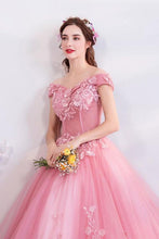 Load image into Gallery viewer, Off The Shoulder Puffy Tulle Prom Dresses, Floor Length Appliqued Quinceanera Dress