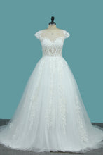 Load image into Gallery viewer, 2022 Scoop Short Sleeves Tulle A Line Wedding Dresses With Applique Chapel Train