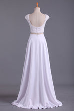 Load image into Gallery viewer, 2022 Cap Sleeves Prom Dresses Scoop A Line Beaded Bodice Floor Length