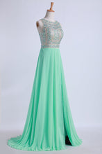 Load image into Gallery viewer, 2024 Tow-Tone Bateau Open Back Prom Dresses A-Line Beaded Bodice With Slit Chiffon