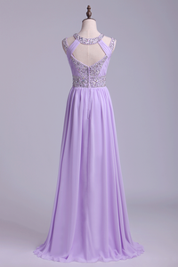 2024 Sexy Prom Dresses Scoop A Line Floor-Length Open Back Chiffon With Beading