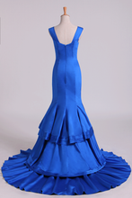 Load image into Gallery viewer, 2024 Dark Royal Blue Off-The-Shoulder Mermaid Prom Dresses Sweep Train Satin Zipper Back