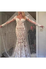 Load image into Gallery viewer, Cute Mermaid Ivory Lace Appliques V Neck Wedding Dresses Long Sleeves