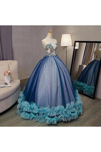 Ball Gown V Neck Sleeveless Appliqued Tulle Prom Dress, Hot Quinceanera Dresses
