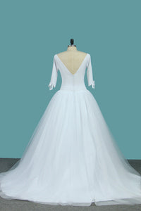 2022 Mid-Length Sleeves Scoop A Line Wedding Dresses Tulle Chapel Train