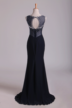 Load image into Gallery viewer, 2022 Scoop Open Back Beaded Bodice Floor Length Chiffon Prom Dresses Black