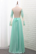 Load image into Gallery viewer, 2022 Scoop A Line Chiffon Long Sleeves Prom Dresses With Applique Floor Length