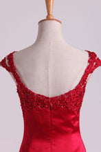 Load image into Gallery viewer, 2022 Mermaid Prom Dresses Scoop Satin &amp; Tulle Burgundy/Maroon With Beading Sweep Train