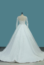 Load image into Gallery viewer, 2022 A Line Scoop Long Sleeves Wedding Dresses Tulle With Applique Chapel Train