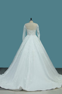 2022 A Line Scoop Long Sleeves Wedding Dresses Tulle With Applique Chapel Train