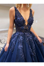 Load image into Gallery viewer, A-Line V Neck Appliques Navy Blue Prom Dresses, Navy Blue Long Evening Dresses