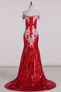 2022 Prom Dresses Sweep Train Mermaid Off-The-Shoulder Sequins Lace Red