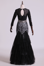 Load image into Gallery viewer, 2022 Black Mermaid Evening Dresses Scoop Open Back Long Sleeves Tulle &amp; Lace With Beading