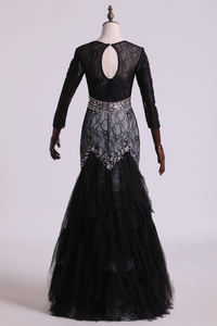 2022 Black Mermaid Evening Dresses Scoop Open Back Long Sleeves Tulle & Lace With Beading