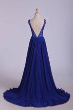 Load image into Gallery viewer, 2022 Bateau A-Line Chiffon Prom Dresses With Ribbon Sweep Train