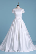 Load image into Gallery viewer, 2024 New Arrival Scoop Wedding Dresses A Line Short Sleeves Court Train Satin