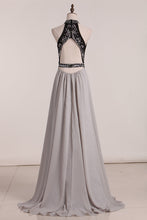 Load image into Gallery viewer, 2022 Chiffon High Neck Open Back Prom Dresses Beaded Bodice A Line