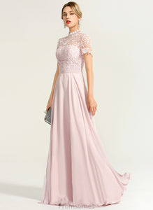 Lace A-Line Chiffon Tiara Neck Illusion Floor-Length Prom Dresses High