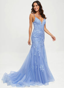 Train Prom Dresses Sequins Sweep With Tulle Lace Delilah V-neck Trumpet/Mermaid