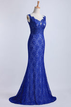 Load image into Gallery viewer, 2024 Evening Dresses Bateau Mermaid With Deep V Shape Back Lace&amp;Tulle Dark Royal Blue