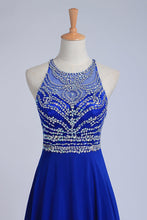 Load image into Gallery viewer, 2024 Halter A-Line/Princess Dark Royal Blue Prom Dresses Tulle And Chiffon Sweep Train