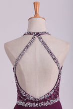 Load image into Gallery viewer, 2022 Grape A Line Prom Dresses Halter Beaded Bodice Open Back Sweep Train Chiffon &amp; Tulle