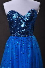 Load image into Gallery viewer, Cheap Prom Dresses Blue  A Line Sweetheart Floor Length Organza Cz