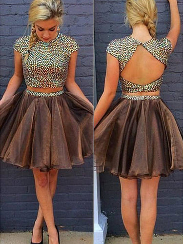 2024 A-Line Two Piece Jewel Neck Short Sleeve Beading Homecoming Dresses Chanel Back Cut Out Organza Short/Mini