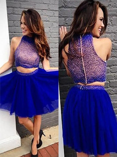 2024 A-Line Halter Sleeveless Two Piece Homecoming Dresses Kaydence Beading Tulle Cut Short/Mini