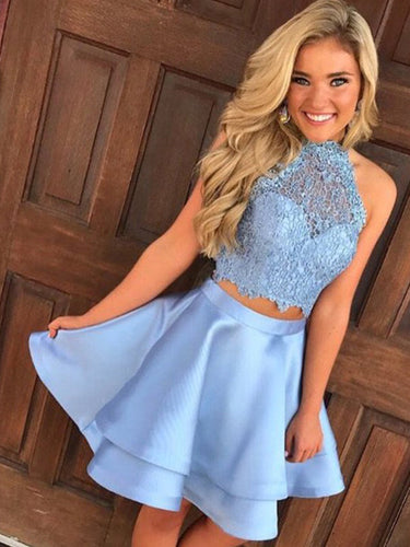 2024 A-Line Halter Sleeveless Cut Out Brooke Satin Homecoming Dresses Back Two Piece Layers Applique Cut Short/Mini