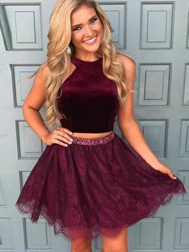 2024 A-Line Halter Homecoming Dresses Lace Adalyn Sleeveless Two Piece Beading Cut Short/Mini