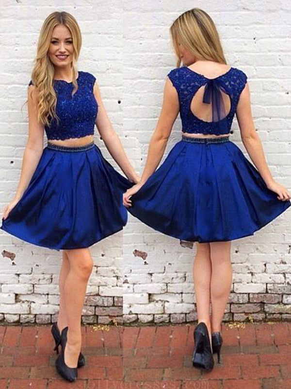 2024 A-Line Two Piece Scoop Neck Cap Sleeve Cut Out Charity Homecoming Dresses Back Beading Short/Mini