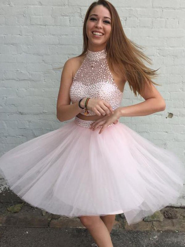Two Piece High Pink Homecoming Dresses Kaitlynn Neck Open Back Beading Pearl