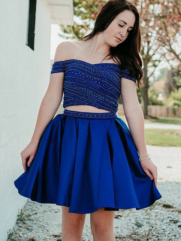 Off-The-Shoulder Beading Ball Royal Blue Bridget Homecoming Dresses Gown Pleated Cut Short Mini